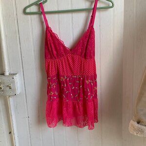 Victoria Secret Hot Pink Polka Dot Floral Embroidered Mixed Print Camisole - Med